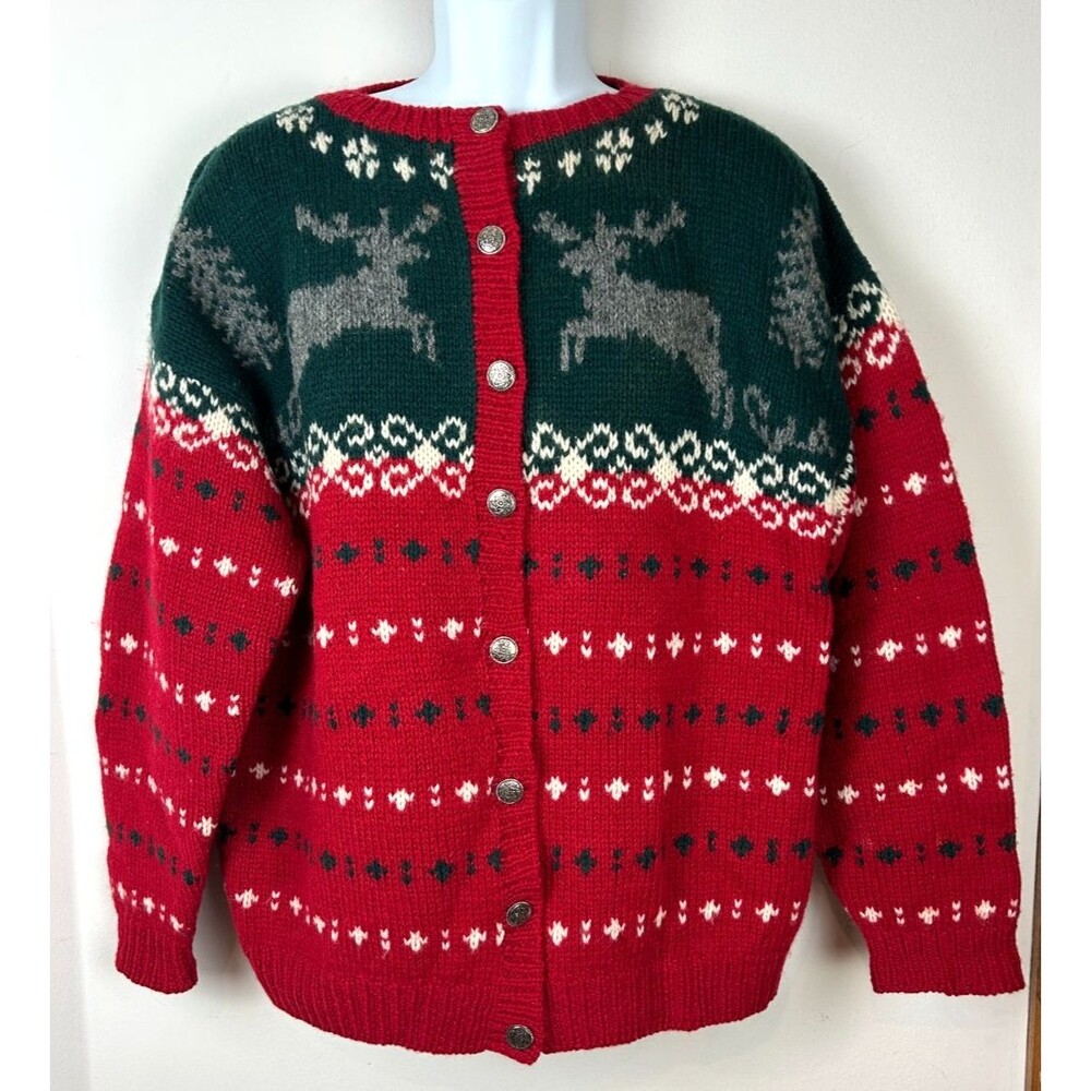 Eddie Bauer 1990 Vintage Wool Red Green Christmas Cardigan Sweater Size L